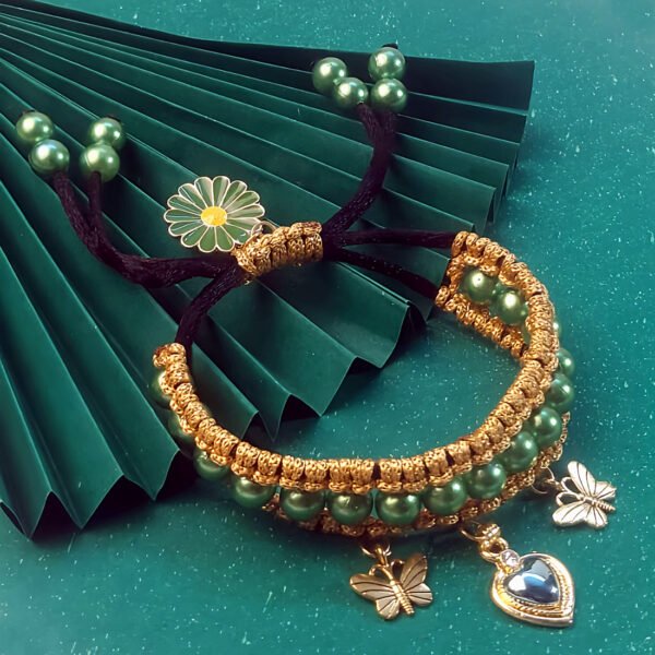 Handmade Bracelet, Green Beads and Gold Thread Design, Butterfly and Heart Charms, Adjustable Unisex